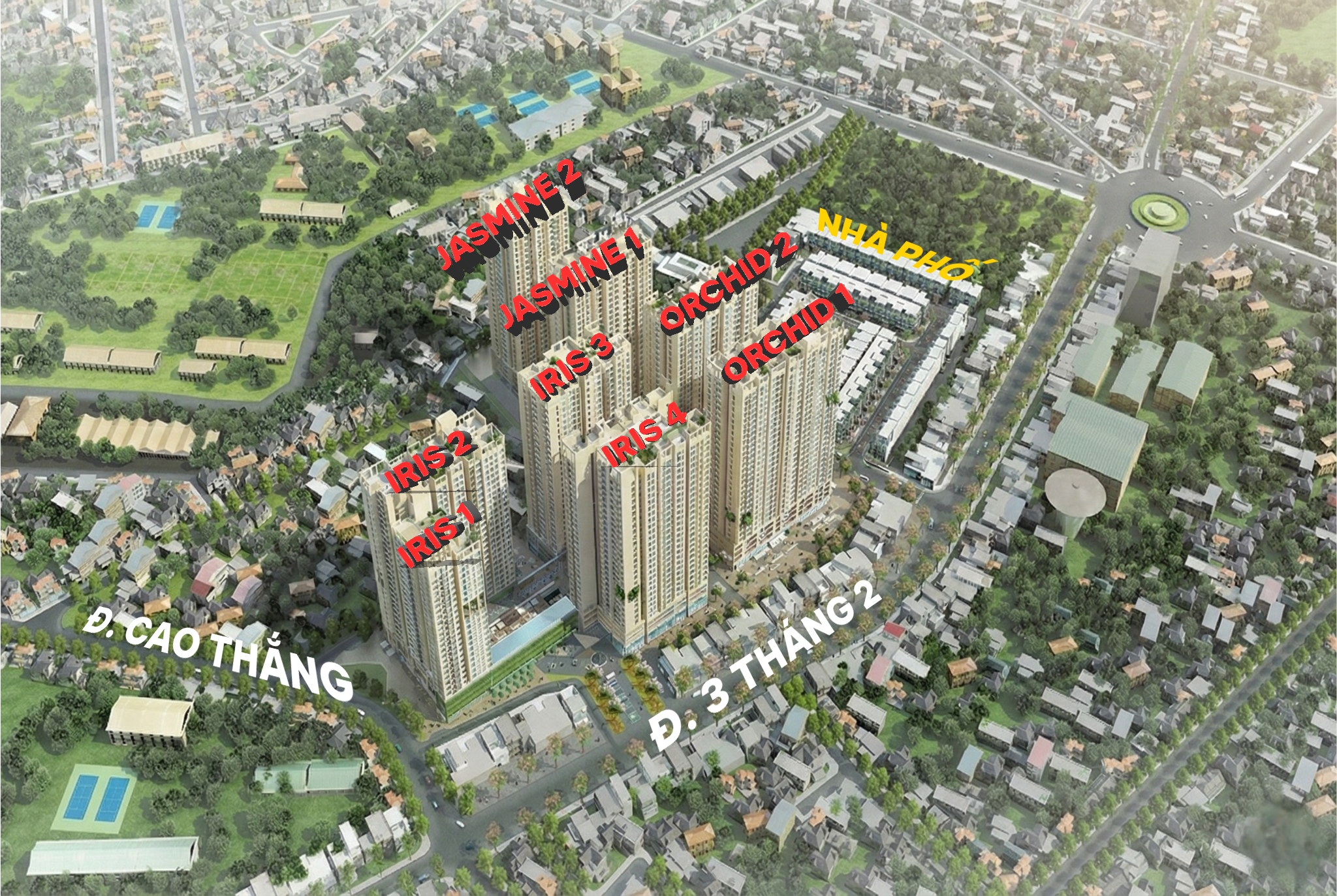 Tổng thể dự &aacute;n khu đ&ocirc; thị H&agrave; Đ&ocirc; Centrosa Garden bao gồm 8 Block v&agrave; khu nh&agrave; phố, c&oacute; mặt tiền đường 3 th&aacute;ng 2, b&ecirc;n phải tiếp gi&aacute;p đường Cao Thắng nối d&agrave;i